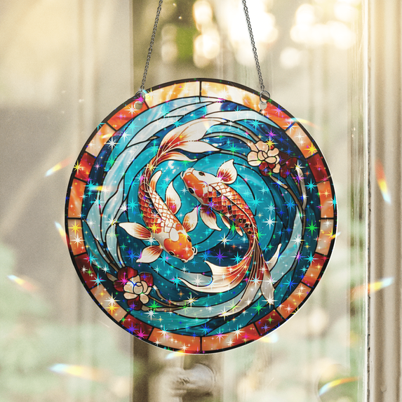89Bloom Koi Fish Stained Glass Hologram Ornament, Stained Glass Suncatcher Ornaments Home Decor, Holographic Ornaments