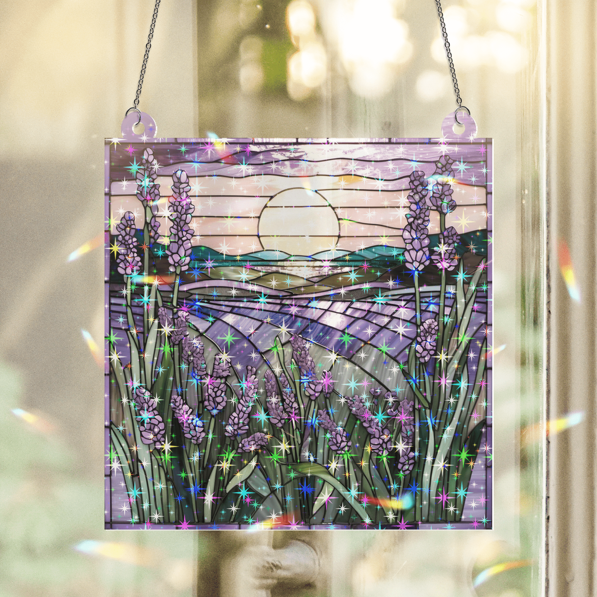 89Bloom Lavender Stained Glass Hologram Ornament, Stained Glass Suncatcher Ornaments Home Decor, Holographic Ornaments