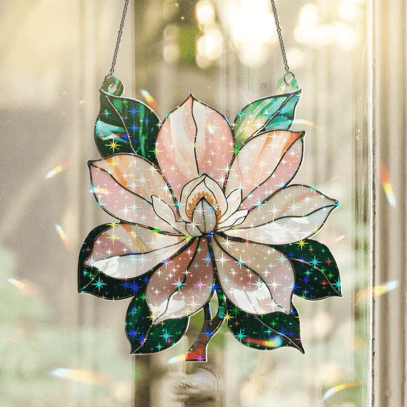 89Bloom Magnolia Stained Glass Hologram Ornament, Stained Glass Suncatcher Ornaments Home Decor, Flower Holographic Ornaments