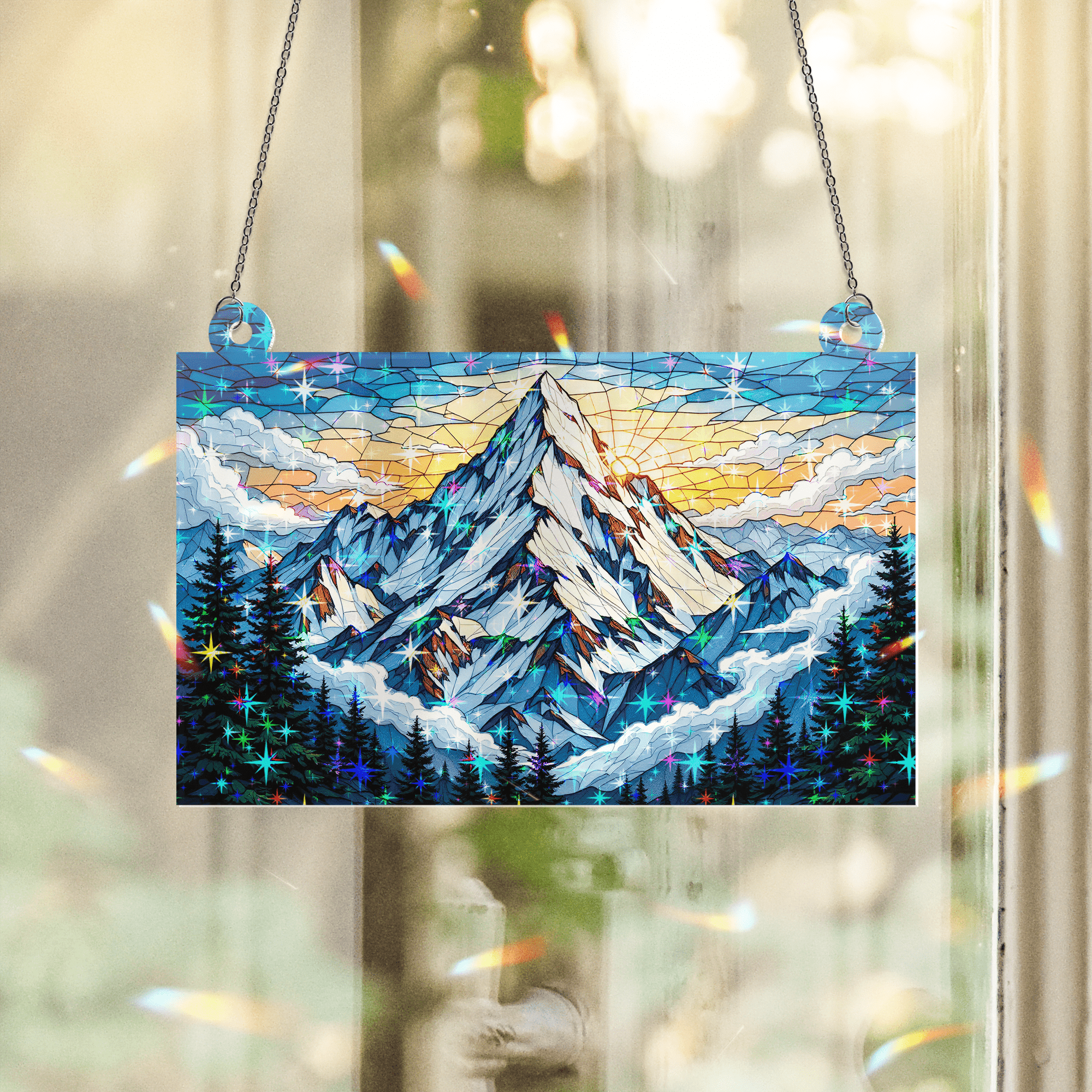 89Bloom Majestic Snowy Mountain Stained Glass Hologram Ornament, Stained Glass Suncatcher Ornaments Home Decor, Holographic Ornaments