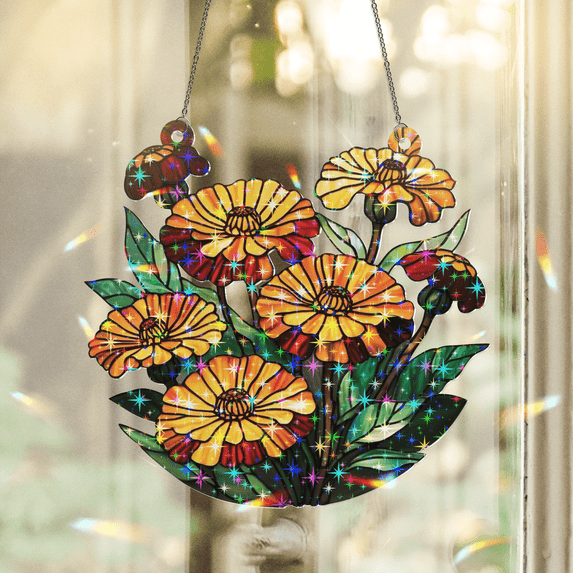 89Bloom Marigold Stained Glass Hologram Ornament, Stained Glass Suncatcher Ornaments Home Decor, Flower Holographic Ornaments