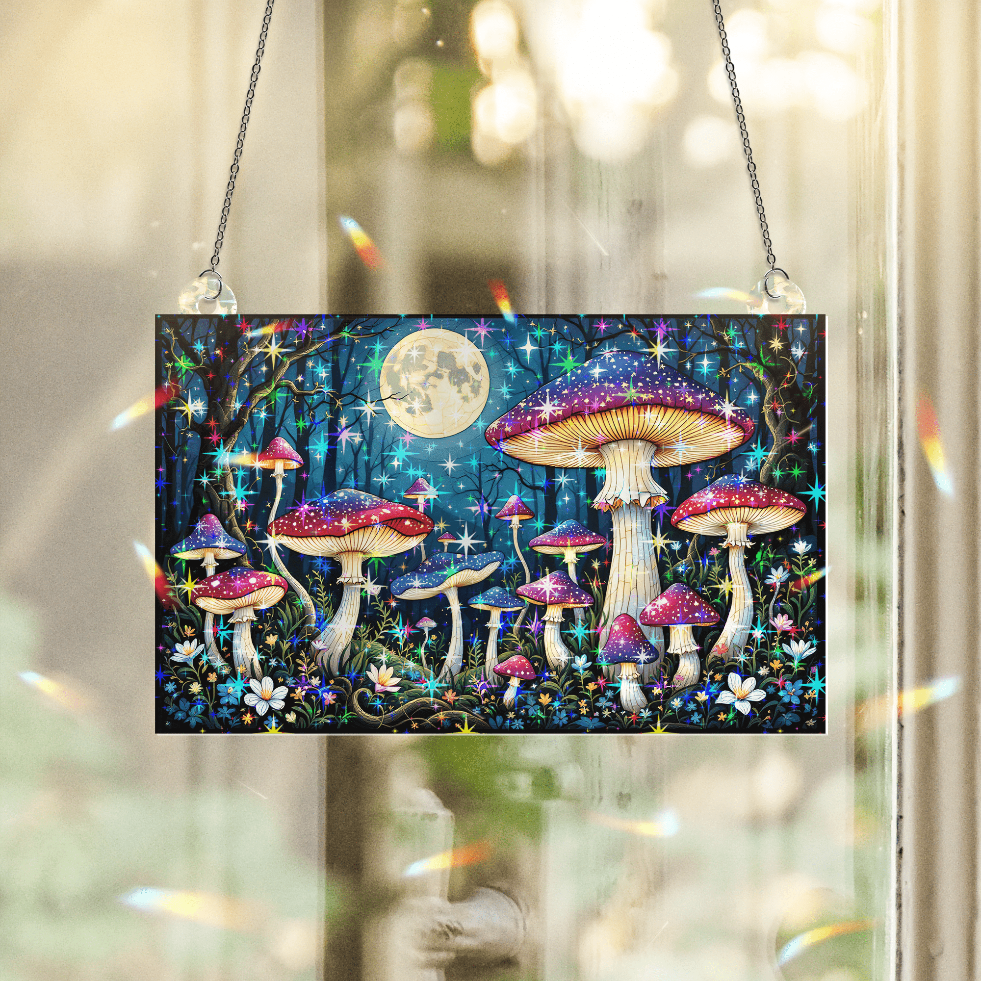 89Bloom Mushroom Forest Stained Glass Hologram Ornament, Stained Glass Suncatcher Ornaments Home Decor, Holographic Ornaments