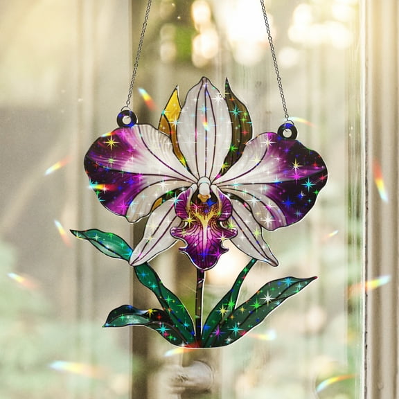 89Bloom Orchid Stained Glass Hologram Ornament, Stained Glass Suncatcher Ornaments Home Decor, Flower Holographic Ornaments