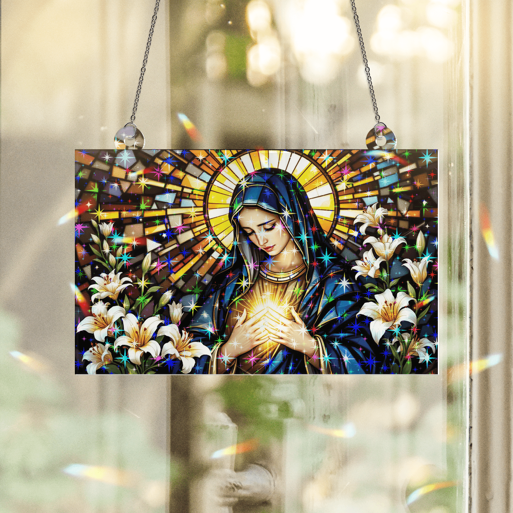 89Bloom Our Lady of Sorrows Stained Glass Hologram Ornament, Stained Glass Suncatcher Ornaments Home Decor, Holographic Ornaments