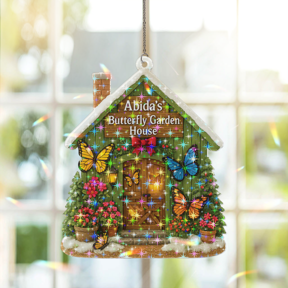 89Bloom Personalized Butterfly Garden House Ornament, Custom Butterfly Garden House craft stained glass, Suncatcher Craft Stained Glass