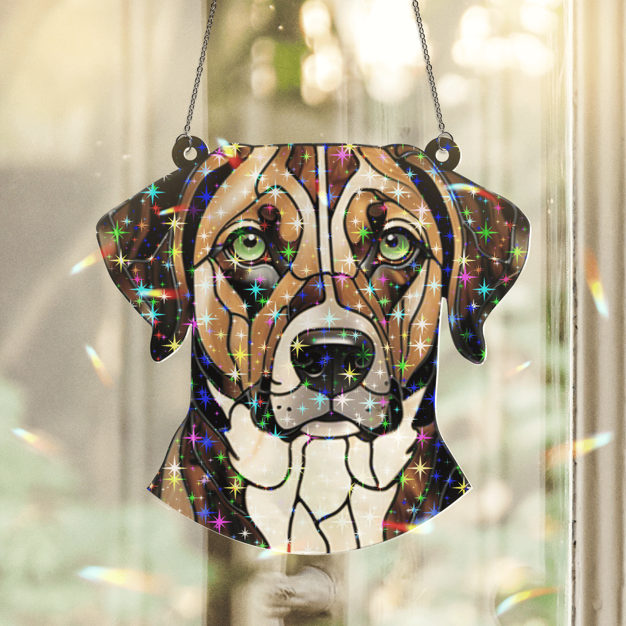 89Bloom Plott Stained Glass Hologram Ornament, Dog Stained Glass Suncatcher Ornaments Home Decor, Dog Holographic Ornaments