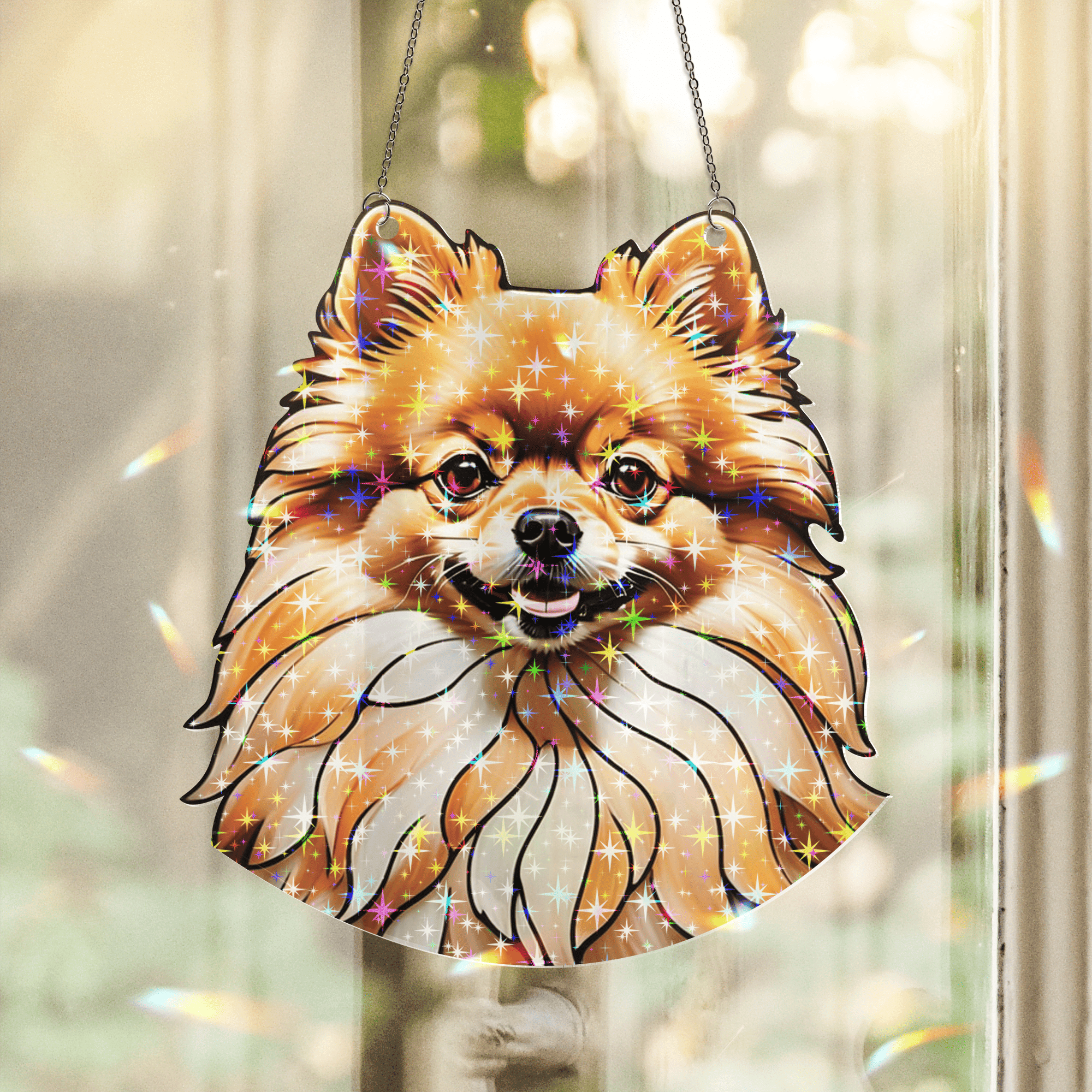 89Bloom Pomeranian Stained Glass Hologram Ornament, Dog Stained Glass Suncatcher Ornaments Home Decor, Dog Holographic Ornaments