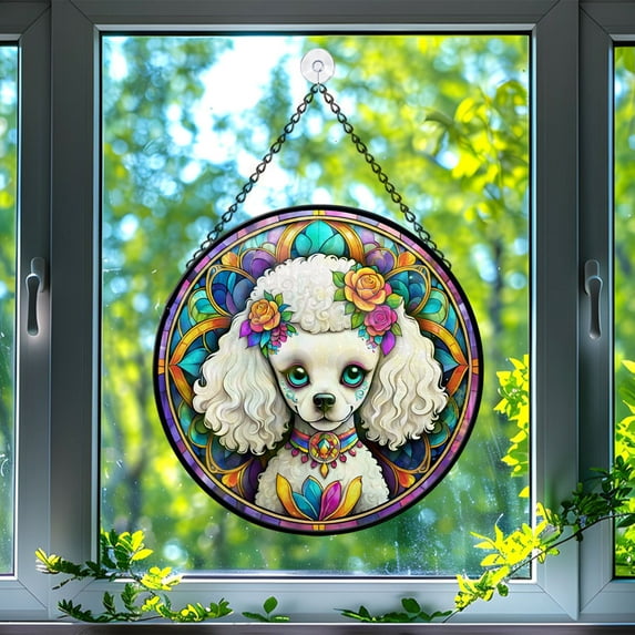 89Bloom Poodle Dog Suncatcher, Stained Glass Poodle Suncatcher, Poodle Glass Suncatchers for Windows Stained Glass