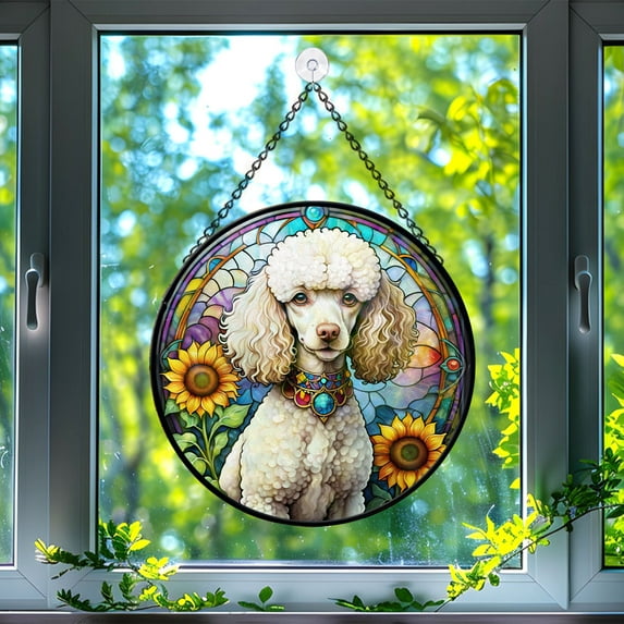 89Bloom Poodle Window Hanging Stained Glass, Poodle Suncatchers for Windows Stained Glass, Stained Glass Dog suncatcher, Dog Stained Glass