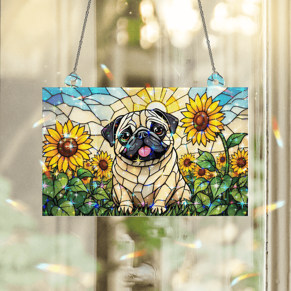89Bloom Pug & Sunflower Stained Glass Hologram Ornament, Dog Stained Glass Suncatcher Ornaments Home Decor, Dog Holographic Ornaments