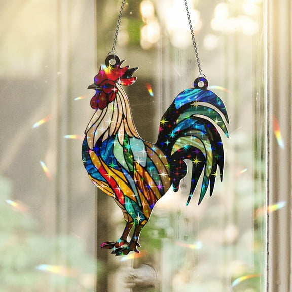 89Bloom Rooster Stained Glass Hologram Ornament, Stained Glass Suncatcher Ornaments Home Decor, Holographic Ornaments