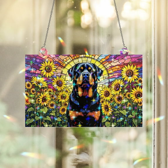 89Bloom Rottweiler & Sunflower Stained Glass Hologram Ornament, Dog Stained Glass Suncatcher Ornaments Home Decor, Dog Holographic Ornaments