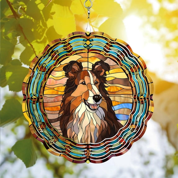 89Bloom Rough Collie Wind Spinner For Yard Garden, Unique 3D Hanging Rough Collie Wind Spinner