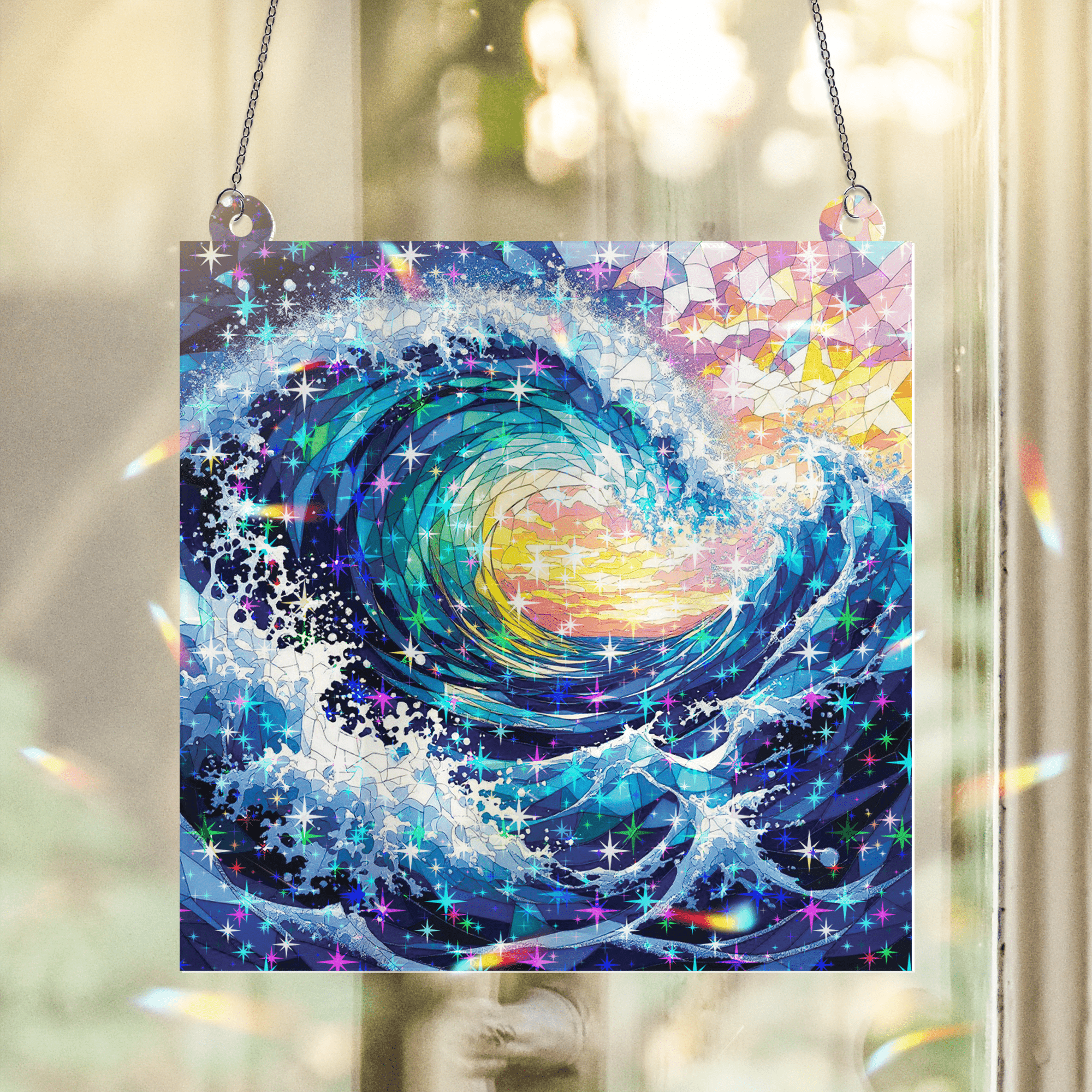89Bloom Sea and Ocean Waves Stained Glass Hologram Ornament, Stained Glass Suncatcher Ornaments Home Decor, Holographic Ornaments