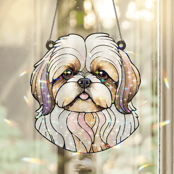 89Bloom Shih Tzu Stained Glass Hologram Ornament, Dog Stained Glass Suncatcher Ornaments Home Decor, Dog Holographic Ornaments
