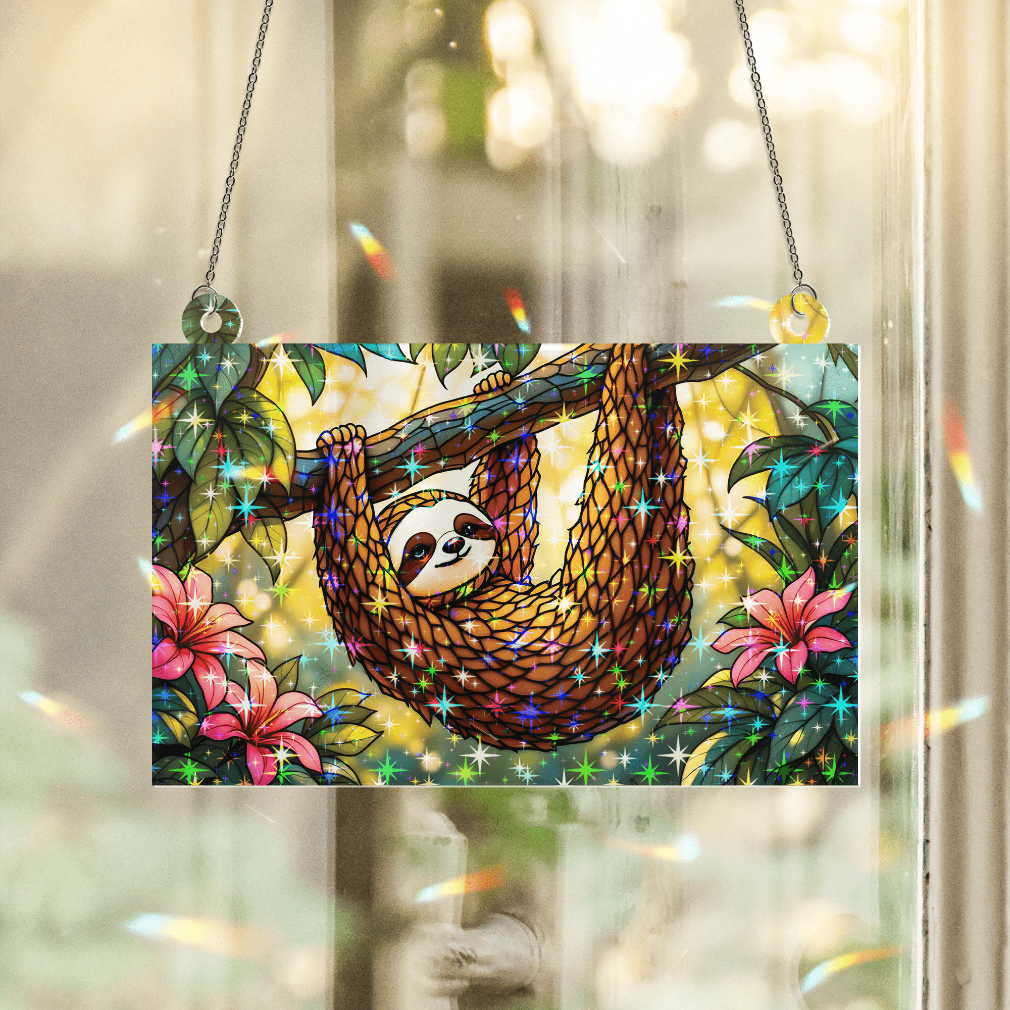 89Bloom Sloth Stained Glass Hologram Ornament, Stained Glass Suncatcher Ornaments Home Decor, Holographic Ornaments