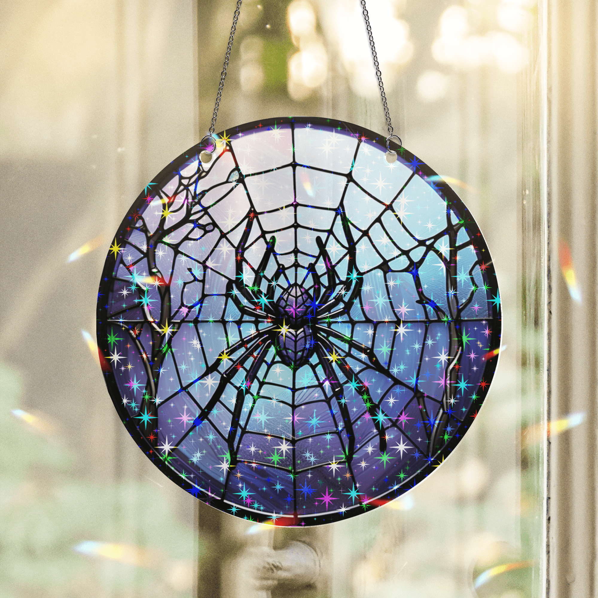 89Bloom Spider Stained Glass Hologram Ornament, Stained Glass Suncatcher Ornaments Home Decor, Holographic Ornaments