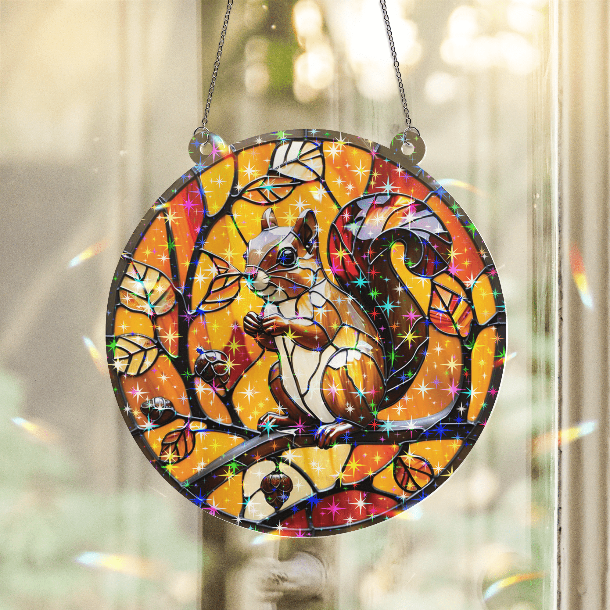 89Bloom Squirrel Stained Glass Hologram Ornament, Stained Glass Suncatcher Ornaments Home Decor, Holographic Ornaments