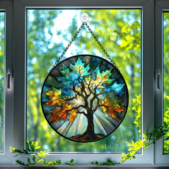 89Bloom Sugar Maple Tree Window Hanging Stained Glass, Sugar Maple Tree Suncatchers for Windows Stained Glass, Stained Glass Sugar Maple Tree suncatcher