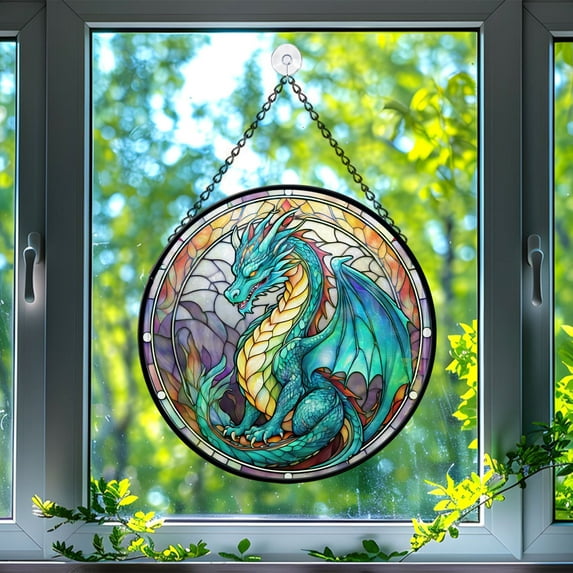 89Bloom The Lung Dragon Window Hanging Stained Glass, The Lung Dragon Suncatchers for Windows Stained Glass, Stained Glass The Lung Dragon suncatcher