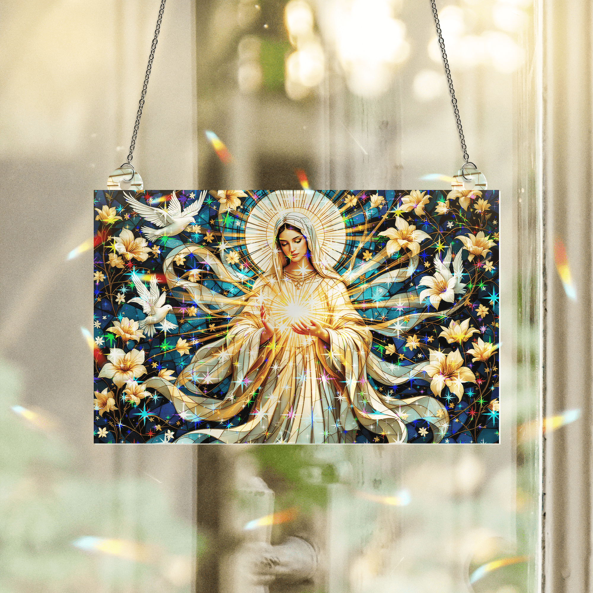 89Bloom The Merciful Virgin Mary Stained Glass Hologram Ornament, Stained Glass Suncatcher Ornaments Home Decor, Holographic Ornaments