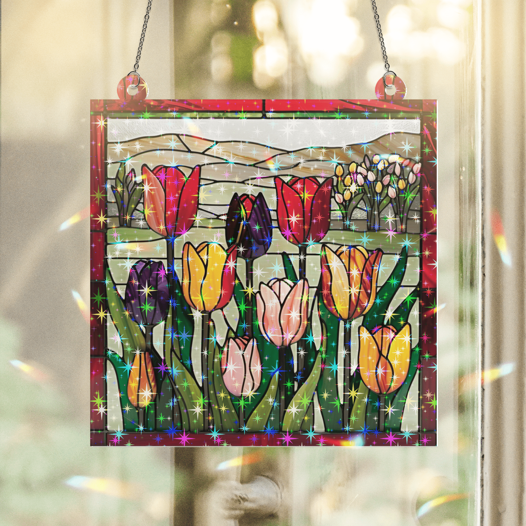 89Bloom Tulip Stained Glass Hologram Ornament, Stained Glass Suncatcher Ornaments Home Decor, Holographic Ornaments