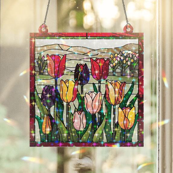 89Bloom Tulip Stained Glass Hologram Ornament, Stained Glass Suncatcher Ornaments Home Decor, Holographic Ornaments