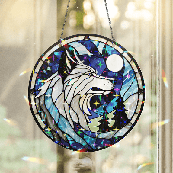 89Bloom Wolf Stained Glass Hologram Ornament, Stained Glass Suncatcher Ornaments Home Decor, Holographic Ornaments
