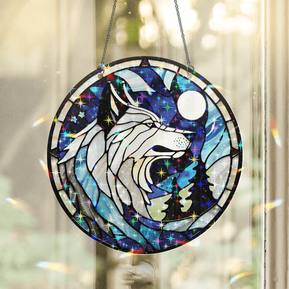 89Bloom Wolf Stained Glass Hologram Ornament, Stained Glass Suncatcher Ornaments Home Decor, Holographic Ornaments