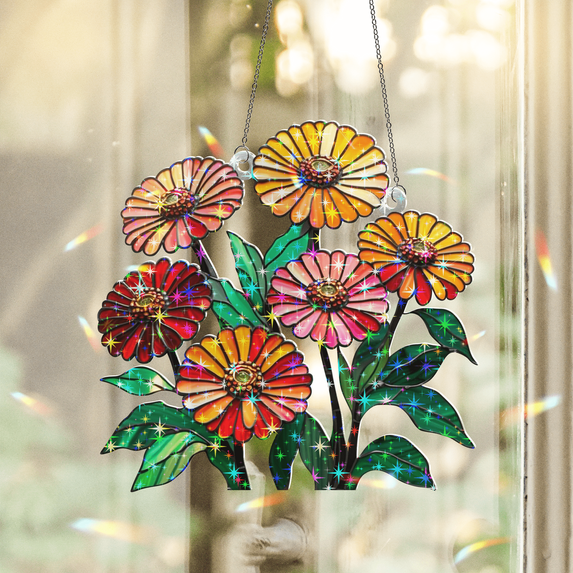 89Bloom Zinnia Stained Glass Hologram Ornament, Stained Glass Suncatcher Ornaments Home Decor, Flower Holographic Ornaments