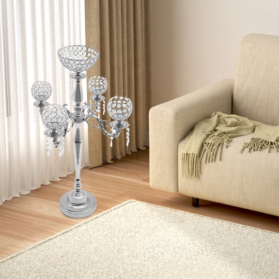 89cm Height Table Candelabra, 5-Arm Candle Holder with Flower Vase for Table Centerpieces, Silver