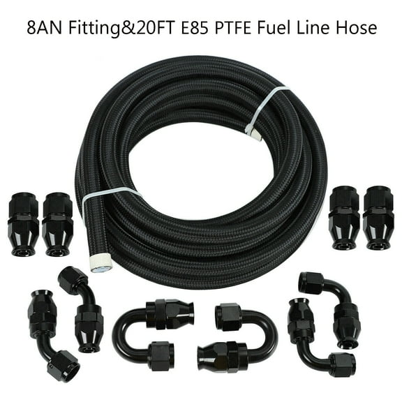 8AN -AN8 Black 20ft Nylon Braided PTFE Fuel Line 10 Fittings Hose Kit for E85