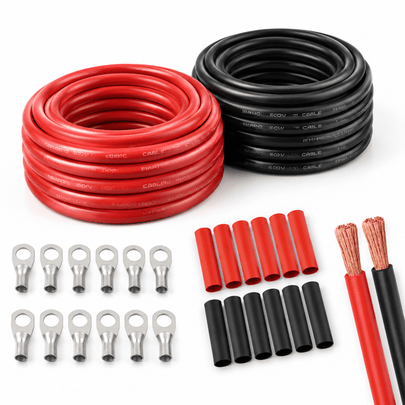 8AWG Red+black-15ft Flexible OFC Copper Power Cable with Lugs and Heat ...