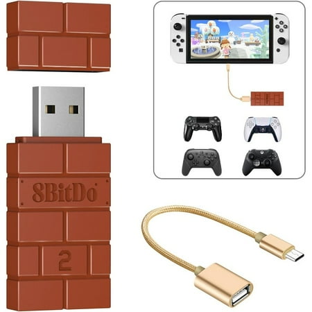 8BitDo USB 2 Wireless Controller Adapter Converter, compatible with Switch 2/Switch/Switch OLED, Windows, Raspberry Pi, PS5/PS4/PS3 controllers, Xbox Series X/S, Xbox One Bluetooth controllers - OTG