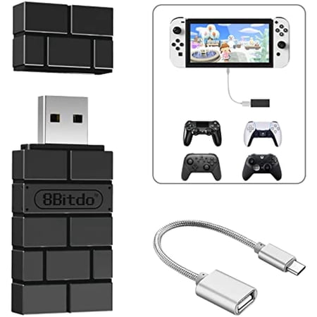 8BitDo USB Wireless Controller Adapter 2 Converter Dongle for Switch 2/Switch/Switch OLED,Steam Deck,Windowsi,macOS,PS5/PS4/PS3 Controller,Xbox Series X/S,Xbox One Bluetooth Controller OTG Cable