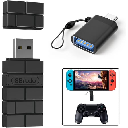 8Bitdo Wireless Controller USB Adapter 2 Gamepad Receiver Mini USB Switch Converter Compatible with Switch/Switch OLED, Mac, Raspberry Pi, PS, PS5, PC Windows, with Black OTG Adapter