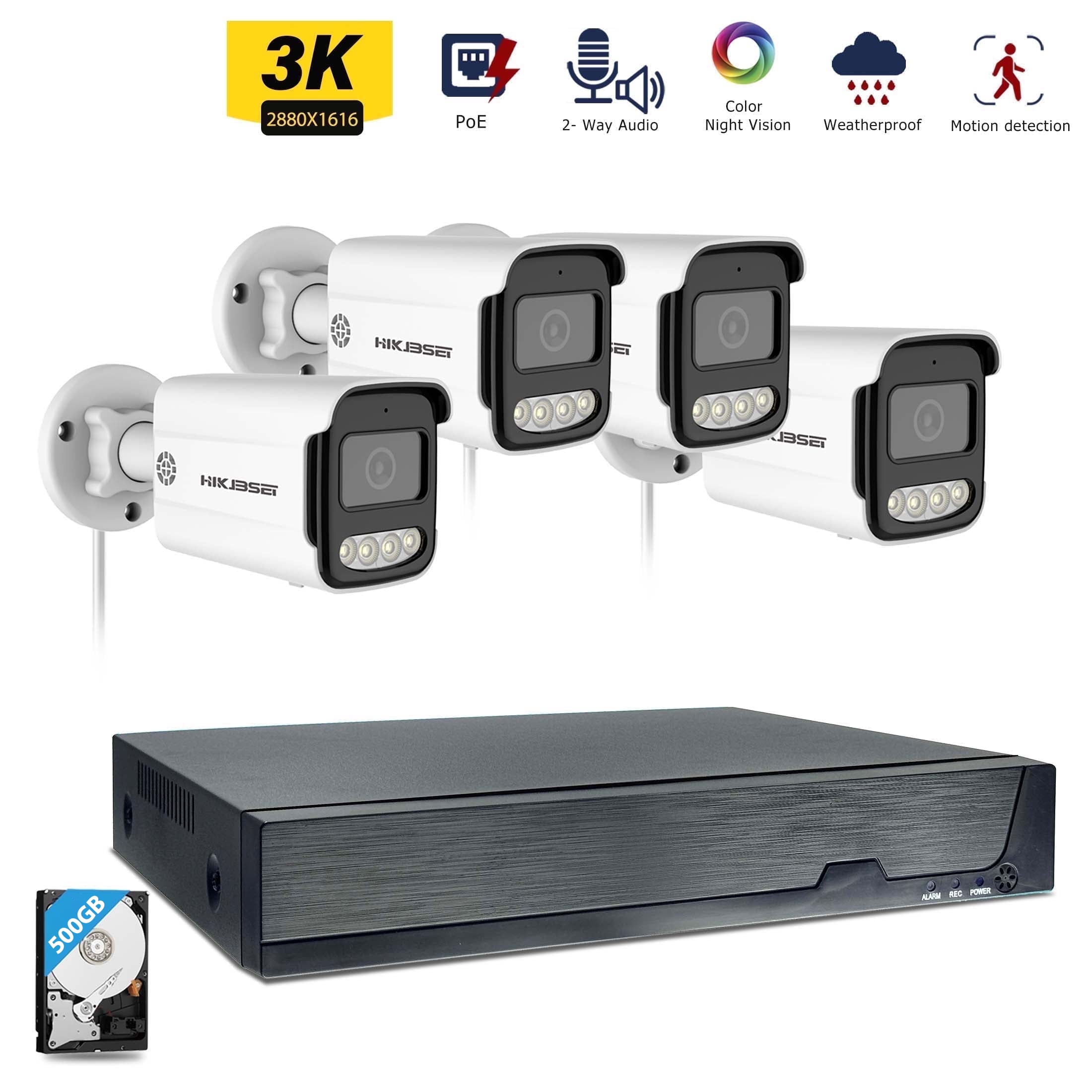 HIKJBSET 8CH 4K PoE Security Camera System, with 4pcs 5MP Wired Outdoor PoE Surveillance Cameras