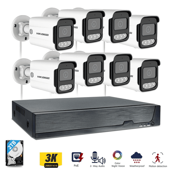 HIKJBSET 8CH 5MP PoE Security Camera System, 2- Way Audio, 8pcs 5MP Wired Outdoor PoE IP Cameras