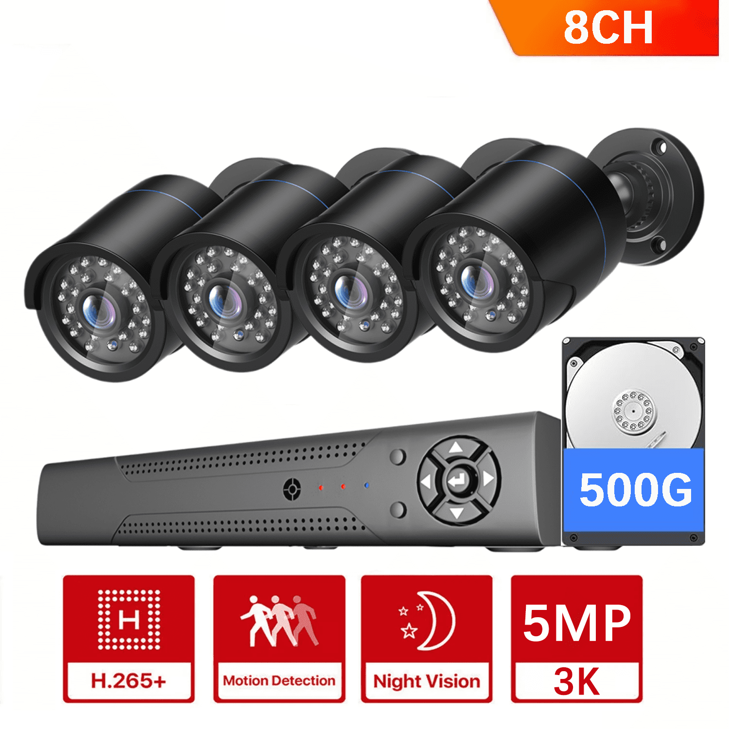 8CH H.265+ 3K Lite Wired Security Camera System, 8 Channel DVR with 500G HDD, 4X 5MP Bullet Outdoor CCTV Cameras AI Human/Vehicle Detection, IR Night Vision, IP66 Weatherproof
