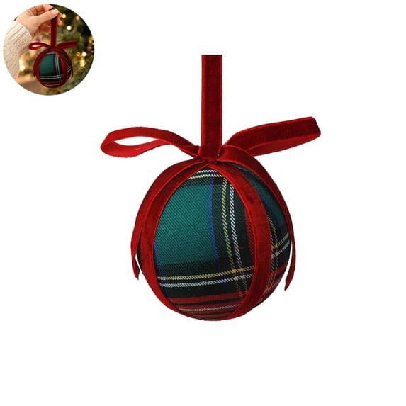 8CM Plaid Bow Christmas Ball Ornament, Green‑Red Tartan Fabric Wrapped Xmas Hanging Bauble with Red Velvet Bow for Christmas Tree, Car Interior & Home Holiday Decor