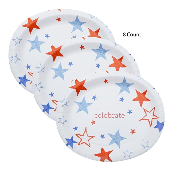 Red/White/Blue Celebrate Stars Oval Disposable Paper Plates, 12" x 10", 8 Count, Patriotic by Way To Celebrate