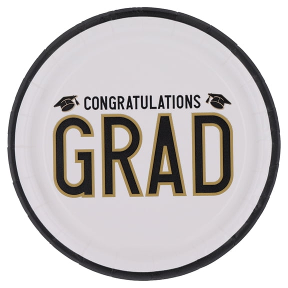 Black/Gold/White Congratulations Grad Disposable Paper Plates, 7", 8 Count, Graduation by Way To Celebrate