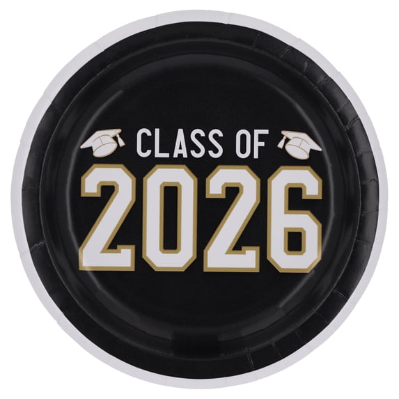 Black/Gold/White Class of 2026 Disposable Paper Plates, 9", 8 Count, Graduation by Way To Celebrate