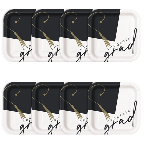 Black/Gold/White Congrats Grad Disposable Paper Plates, 9", 8 Count, Graduation by Way To Celebrate