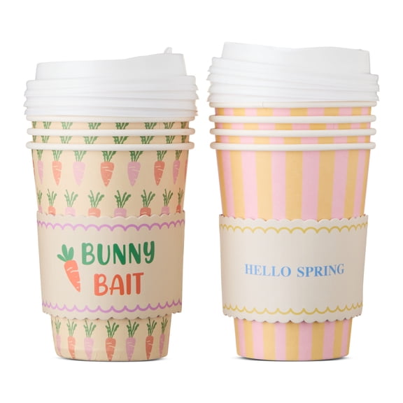 Carrot and Stripes Disposable Paper Cups with Lids, Multicolor, 8 Count, Easter by Way To Celebrate