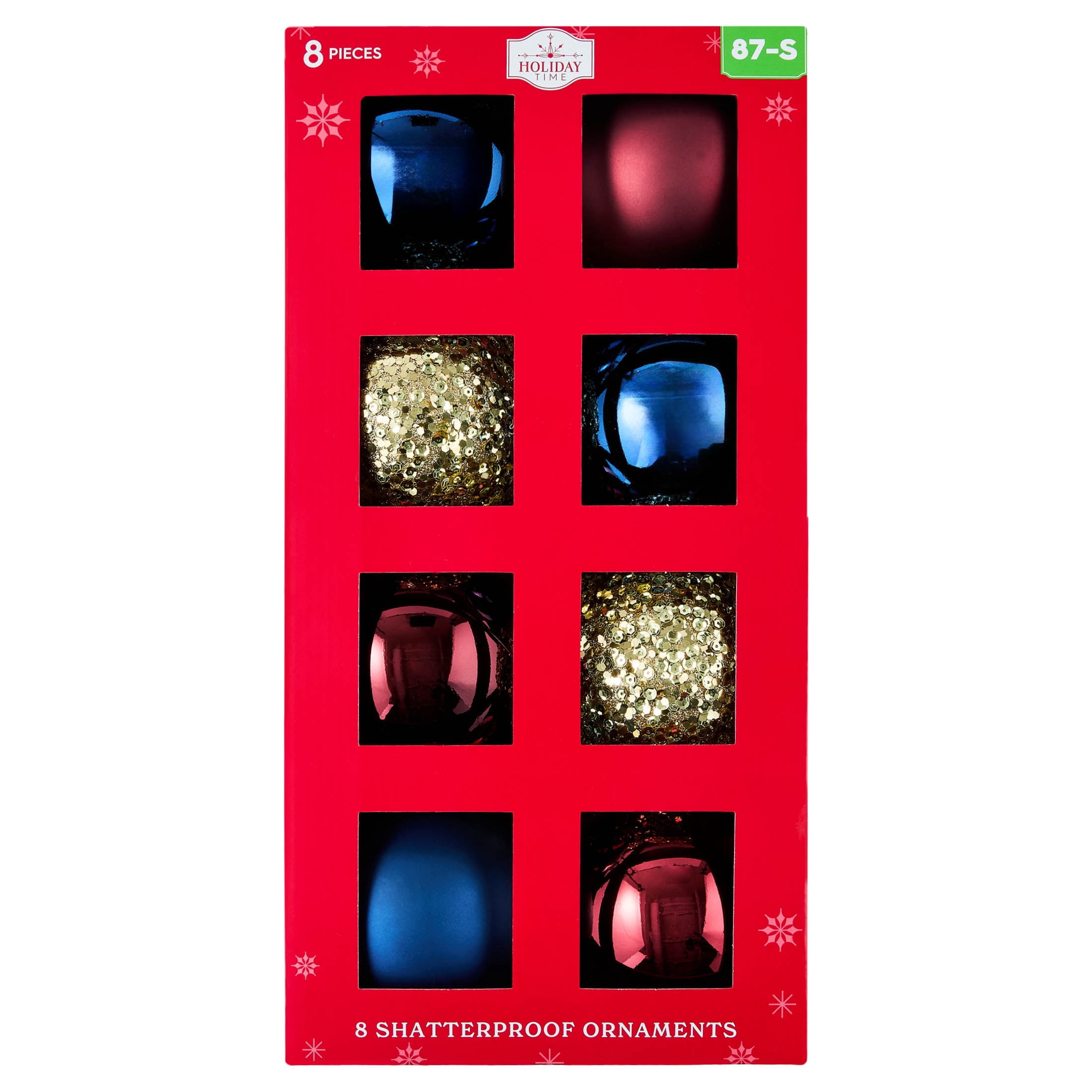 8-Count Navy/Dark Red/Gold Ball Shatterproof Christmas Ornaments, 4.5", by Holiday Time