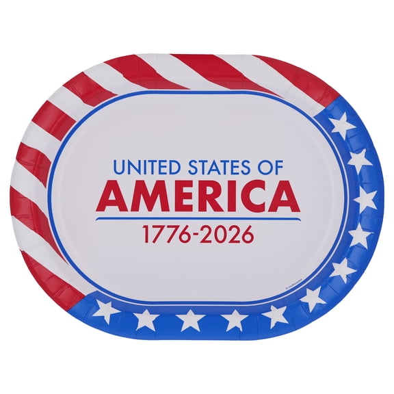 Red/White/Blue United States of America Oval Disposable Paper Plates, 9.25" x 12", 8 Count, Patriotic by Way To Celebrate