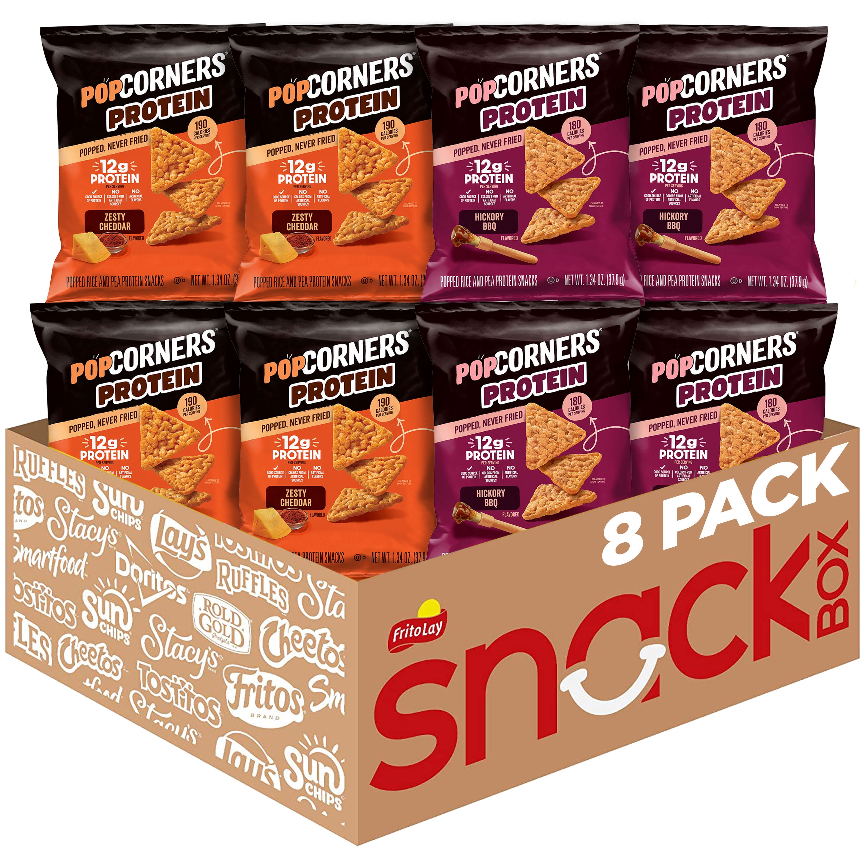 PopCorners 12g Protein, No Artificial Colors, Zesty Cheddar and Hickory BBQ Popped Corn Protein Chips, 8 pack