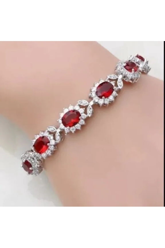 8Ct Oval Cut Simulated Red Ruby Women's Weddings Tennis Bracelet 14K White Gold Plated 7"In