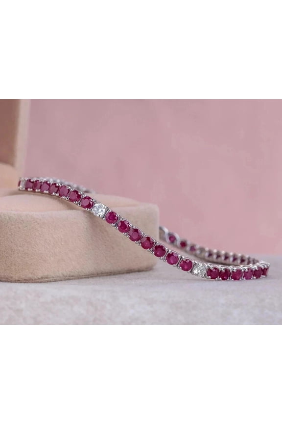 8Ct Round-Cut Lab-Created Red Ruby 14K White Gold Plated 7" Tennis Bracelet